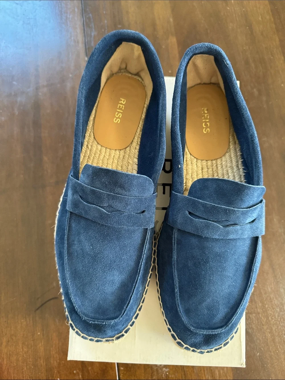 Reiss Navy Suede Penny Loafers with Espadrille Sole
